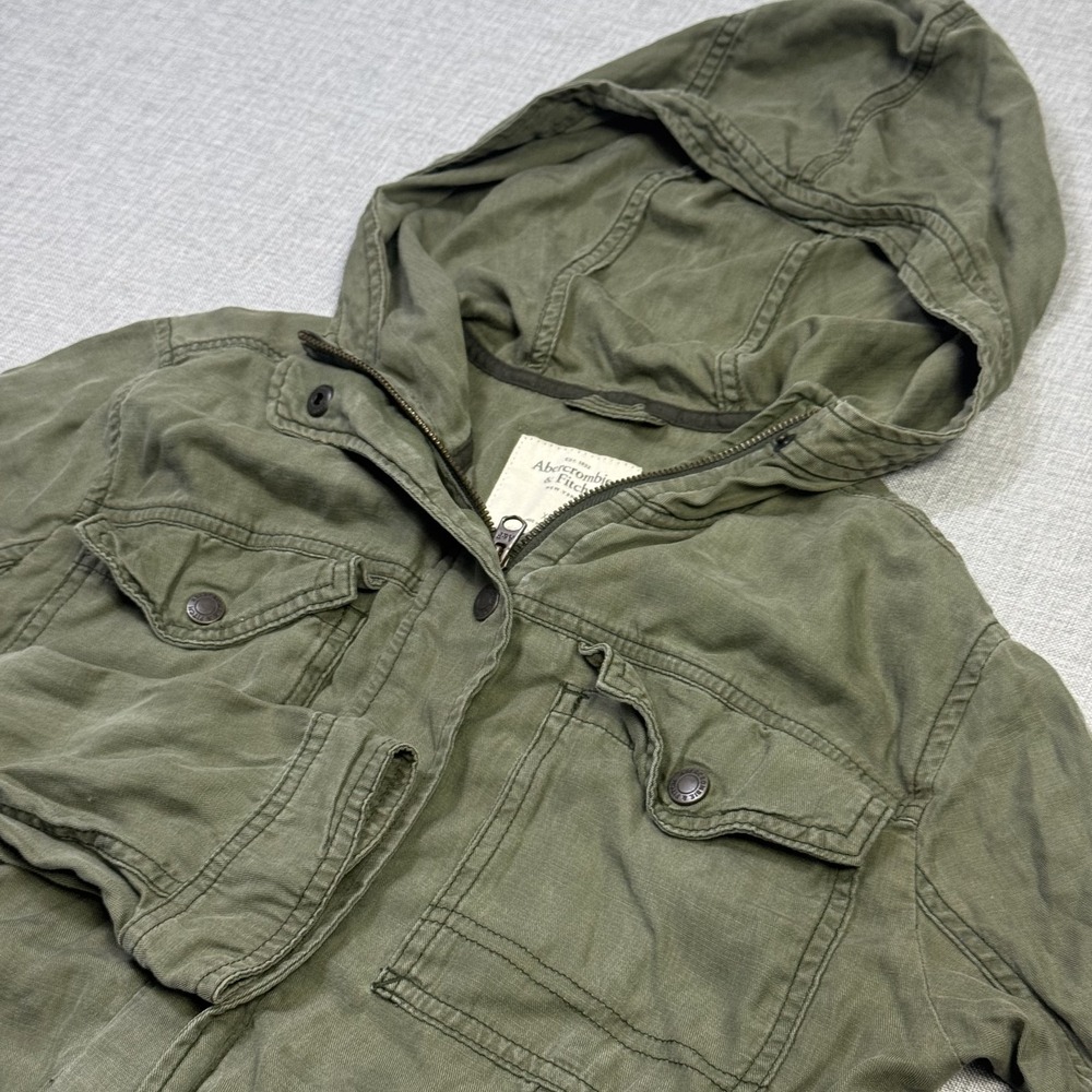 Abercrombie & Fitch Military Jacket Womens XS Green Twill Hooded Zip Pockets